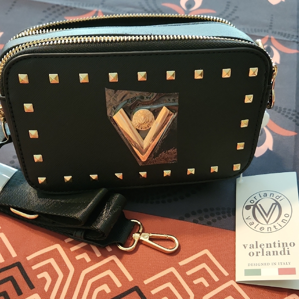 NWT Valentino Orlandi Black & Gold Studded Crossbody Bag, Detach/Adjust Strap